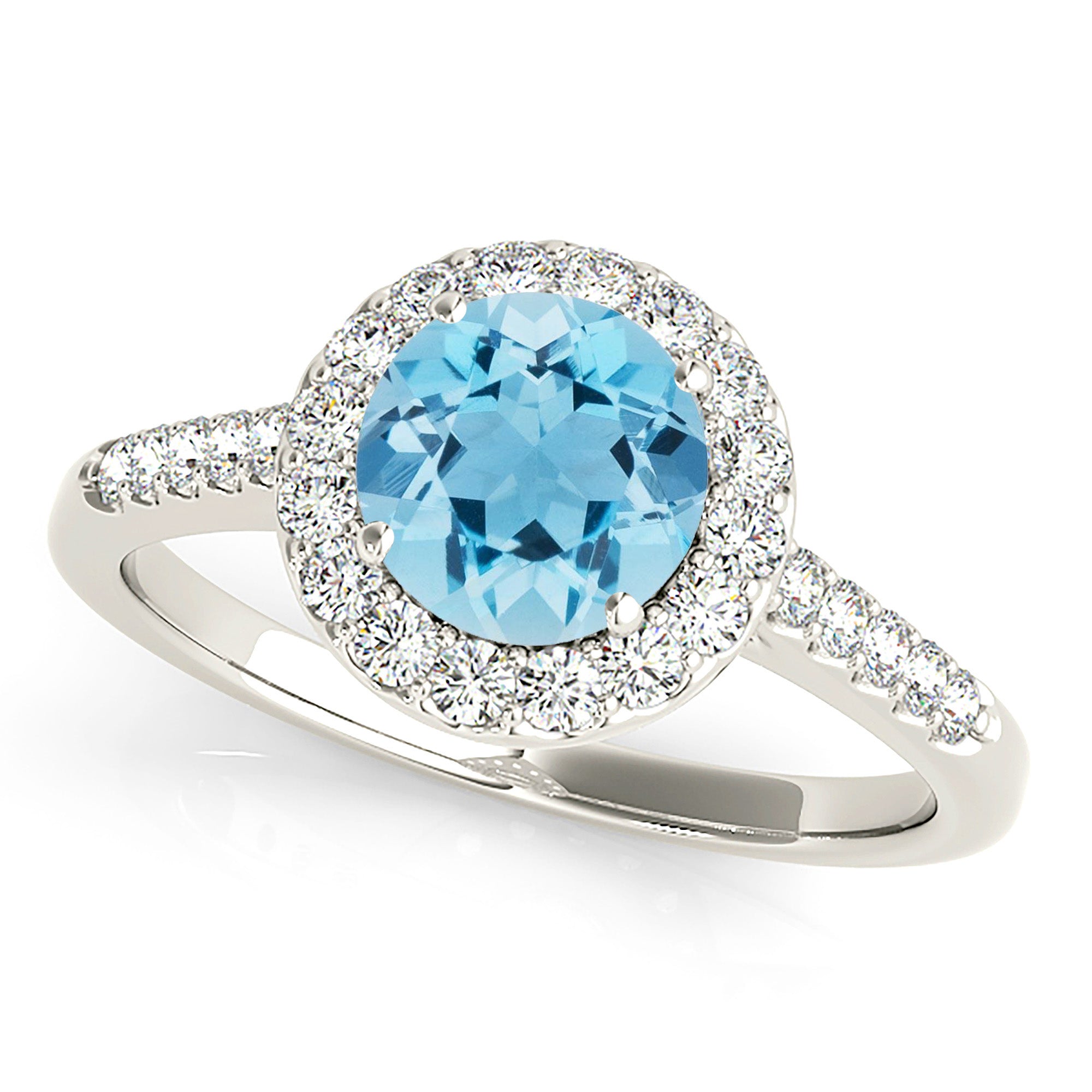 1.10 ct. Genuine Aquamarine Ring With 0.40 ctw. Diamond Halo And Delicate Diamond Band, Invisible Gallery | Round Blue Aquamarine Halo Ring-VIRABYANI